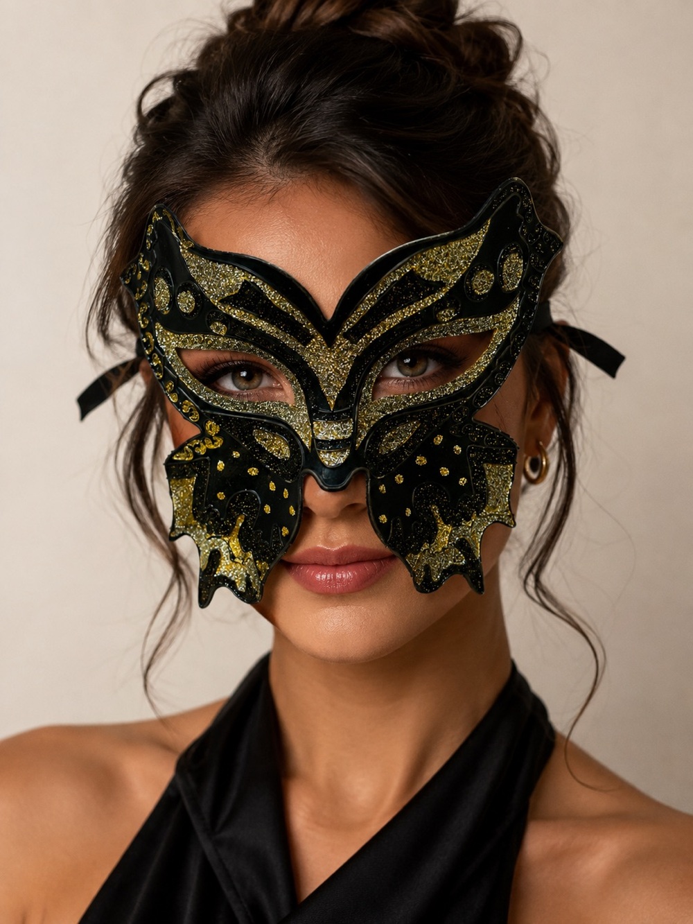 Venetian Mask- Black and Gold Glitter - Purchased in Venice, Italy.
